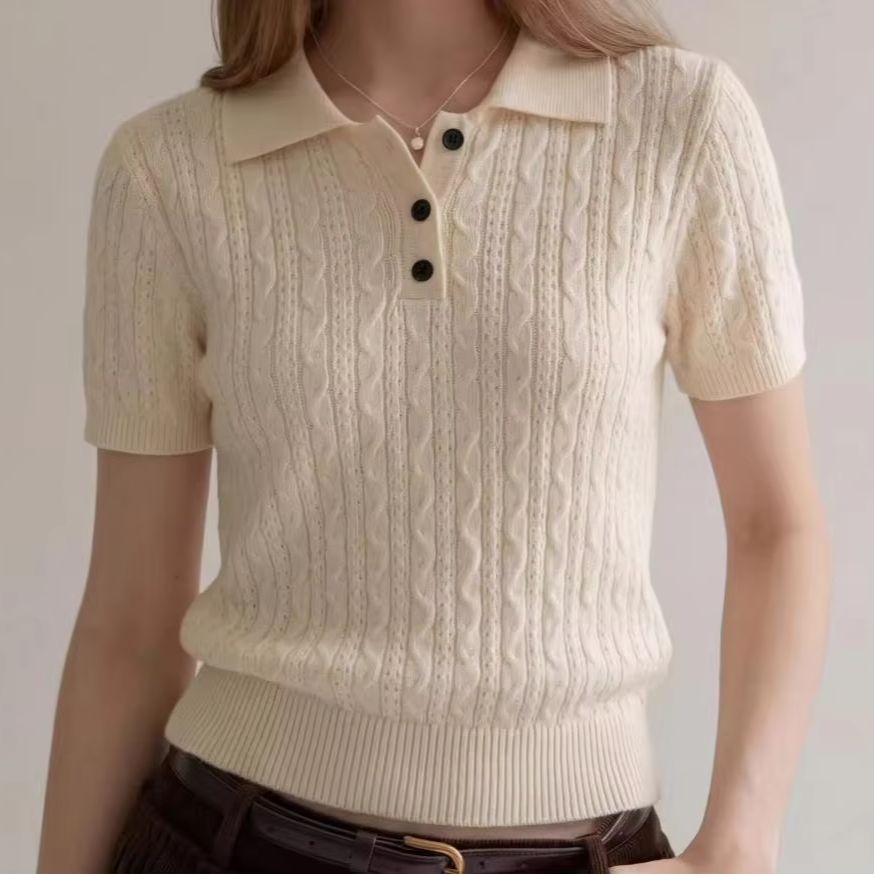 Matcha - Camisa Polo Feminina de Malha Trançada